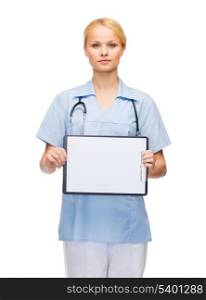 healthcare, medicine, advertisement and sale concept - smiling female doctor or nurse with stethoscope and white blank clipboard