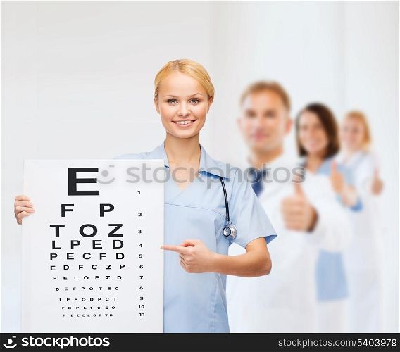 healthcare, medicine, advertisement and sale concept - smiling female doctor or nurse with stethoscope and eye chart