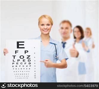 healthcare, medicine, advertisement and sale concept - smiling female doctor or nurse with stethoscope and eye chart