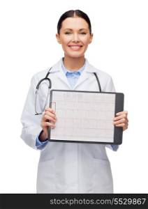 healthcare, medicine, advertisement and sale concept - smiling female doctor with stethoscope, clipboard and cardiogram