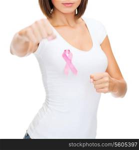 healthcare, medicine and breast cancer concept - woman with pink cancer ribbon