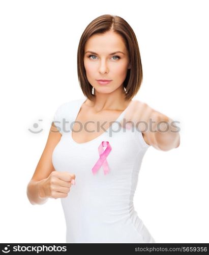 healthcare, medicine and breast cancer concept - woman with pink cancer ribbon