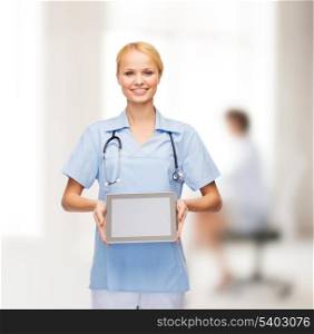 healthcare, medicine and technology concept - smiling female doctor or nurse with tablet pc computer