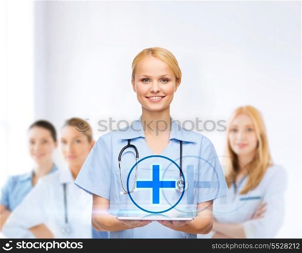 healthcare, medicine and technology concept - smiling female doctor or nurse with tablet pc computer