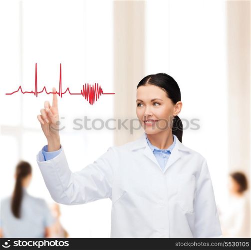 healthcare, medicine and technology concept - smiling female doctor pointing to heart and cardiogram