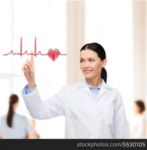 healthcare, medicine and technology concept - smiling female doctor pointing to heart and cardiogram