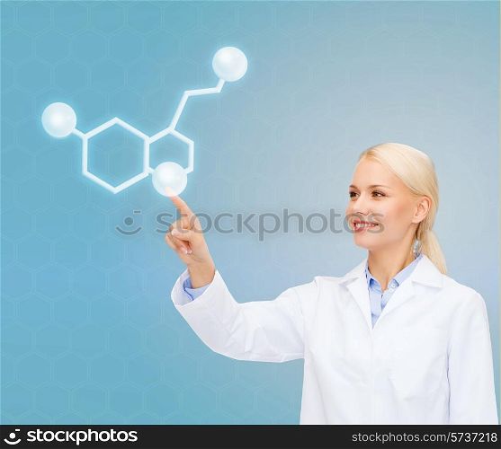healthcare, medicine and technology concept - smiling female doctor pointing to molecule of serotonin over blue background