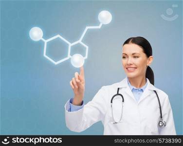 healthcare, medicine and technology concept - smiling female doctor pointing to molecule of serotonin over blue background
