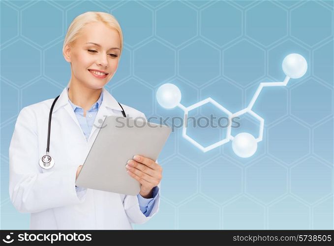 healthcare, medicine and technology concept - smiling female doctor with tablet pc computer and molecule of serotonin over blue background