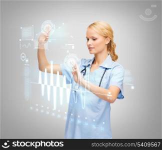 healthcare, medicine and technology concept - smiling young doctor or nurse working with cardiogram on virtual screen
