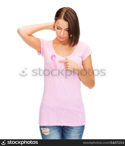 healthcare, medicine concept - woman with pink breast cancer awareness ribbon