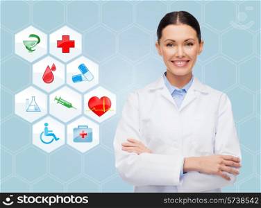 healthcare, medicine, people and symbols concept - smiling young doctor or nurse over medical icons and blue background