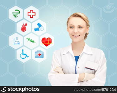 healthcare, medicine, people and symbols concept - smiling young doctor or nurse over medical icons and blue background