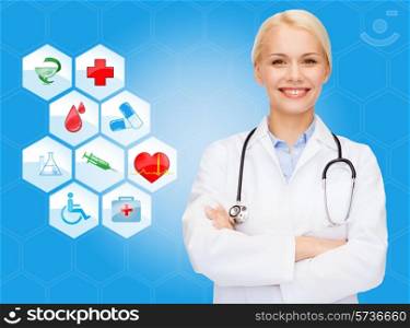 healthcare, medicine, people and symbols concept - smiling young female doctor or nurse over medical icons and blue background