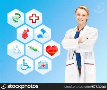 healthcare, medicine, people and symbols concept - smiling young female doctor or nurse over medical icons and blue background