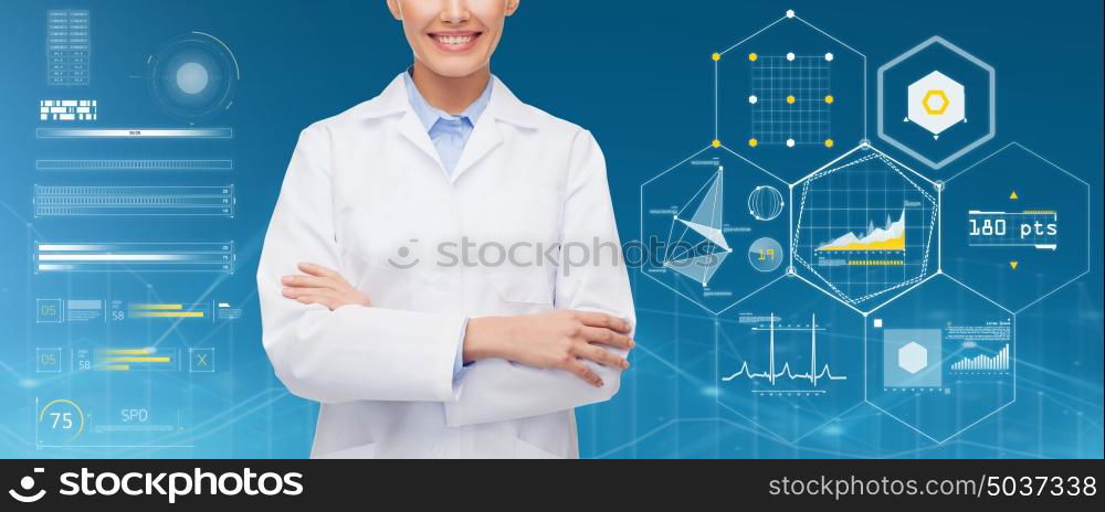 healthcare, medicine, people and technology concept - happy smiling doctor over blue background and virtual charts. happy doctor over blue background and charts