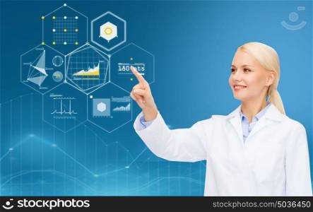 healthcare, medicine, people and technology concept - happy smiling doctor pointing finger to virtual charts over blue background. doctor pointing finger to virtual chart over blue