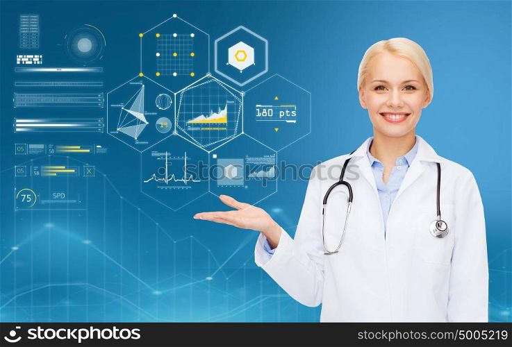 healthcare, medicine, people and technology concept - happy smiling doctor with stethoscope and virtual charts over blue background. happy doctor with stethoscope and charts over blue