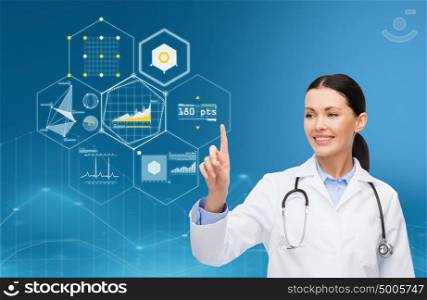 healthcare, medicine, people and technology concept - happy smiling doctor with stethoscope pointing finger to virtual charts over blue background. doctor pointing finger to virtual chart over blue