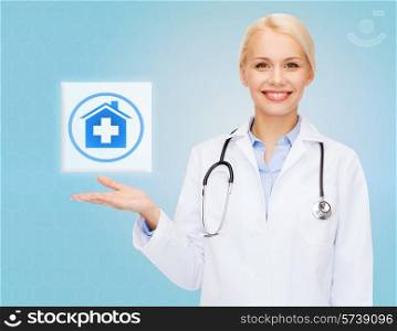 healthcare, medicine, people and technology concept - smiling young doctor or nurse pointing to icon or pressing button with pills and blood images over blue background