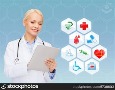 healthcare, medicine, people, technology and symbols concept - smiling young female doctor or nurse with tablet pc computer over medical icons and blue background