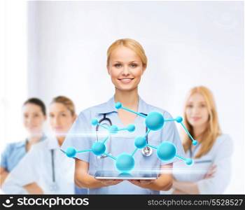 healthcare, medicine,research, science, chemistry and technology concept - smiling female doctor or nurse with tablet pc computer