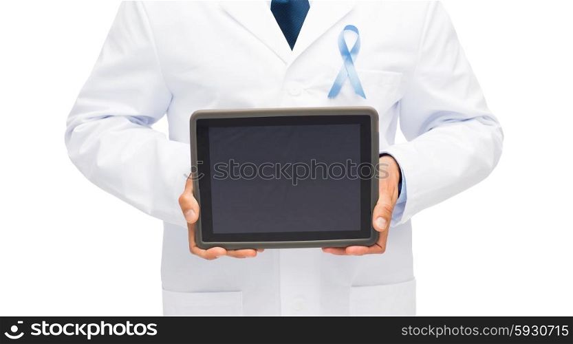 healthcare, people and medicine concept - close up of smiling male doctor hands with sky blue prostate cancer awareness ribbon holding tablet pc computer