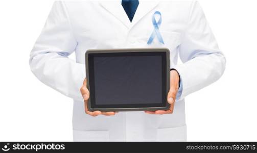 healthcare, people and medicine concept - close up of smiling male doctor hands with sky blue prostate cancer awareness ribbon holding tablet pc computer