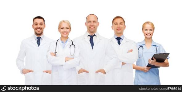 healthcare, people and medicine concept - group of doctors with stethoscopes and clipboard