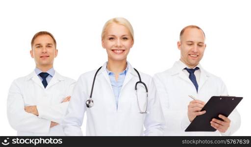healthcare, people and medicine concept - group of doctors with stethoscopes and clipboard over white background