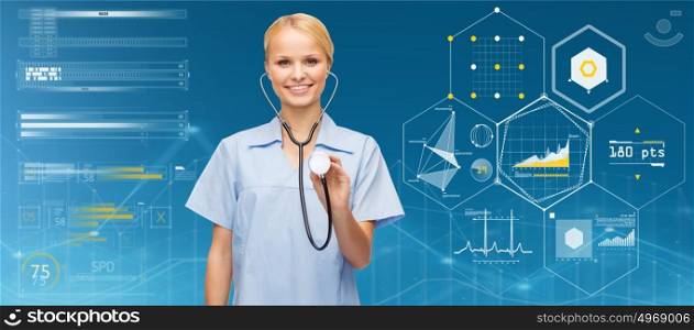 healthcare, people and medicine concept - smiling female doctor or nurse with stethoscope over blue background and charts. smiling female doctor or nurse with stethoscope