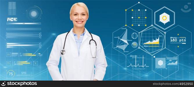 healthcare, people and medicine concept - smiling female doctor with stethoscope over blue background and charts. smiling female doctor with stethoscope