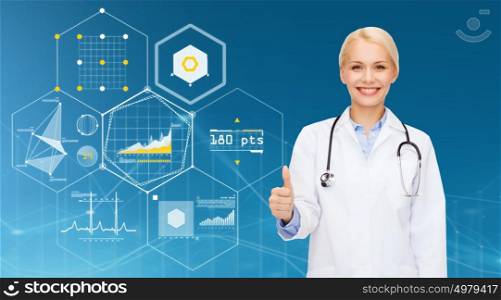 healthcare, people and medicine concept - smiling female doctor with stethoscope showing thumbs up over blue background and charts. smiling female doctor showing thumbs up