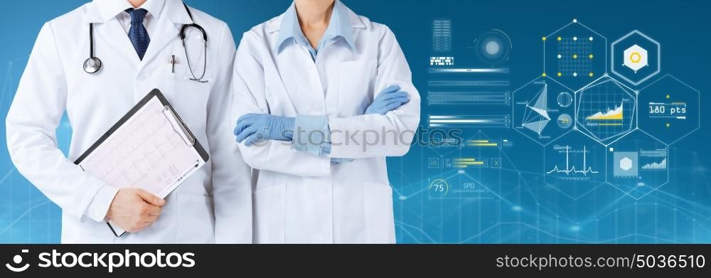 healthcare, people, cardiology and medicine concept - smiling doctors with stethoscope and cardiogram on clipboard over blue background and virtual charts. doctors with stethoscope and clipboard over charts