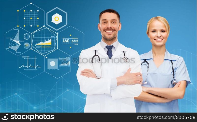 healthcare, people, cardiology and medicine concept - smiling doctors with stethoscopes over blue background and virtual charts. smiling doctors with stethoscopes over charts