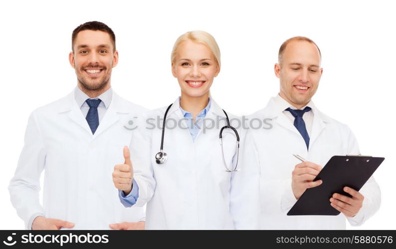 healthcare, people, gesture and medicine concept - group of doctors with stethoscope and clipboard showing thumbs up over white background