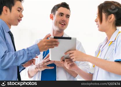Healthcare people group and scientist meeting. Professional doctor working in hospital office with other doctors, nurse and businessman. Medical technology research institute health insurance concept.