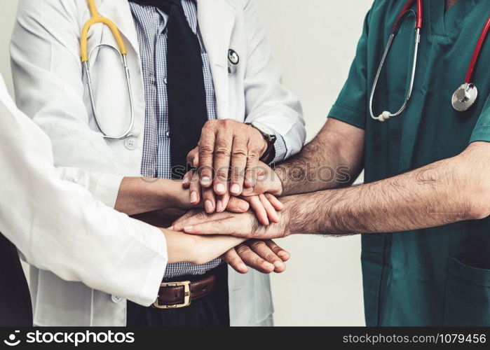 Healthcare people group. Professional doctor working in hospital office or clinic with other doctors, nurse and surgeon. Medical technology research institute and doctor staff service concept.