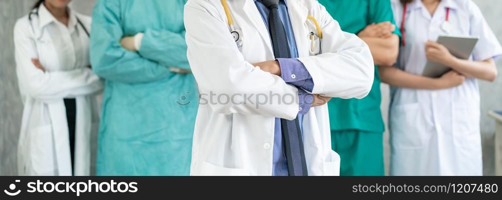 Healthcare people group. Professional doctor working in hospital office or clinic with other doctors, nurse and surgeon. Medical technology research institute and doctor staff service concept. - Image