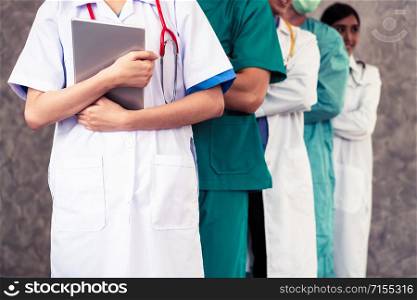 Healthcare people group. Professional doctor working in hospital office or clinic with other doctors, nurse and surgeon. Medical technology research institute and doctor staff service concept. - Image