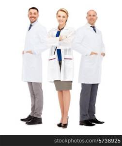 healthcare, profession and medicine concept - group of smiling doctors in white coats over white background