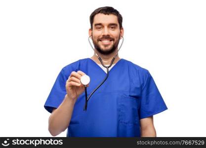 healthcare, profession and medicine concept - happy smiling doctor or male nurse in blue uniform with stethoscope over white background. smiling male doctor or nurse with stethoscope