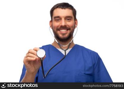 healthcare, profession and medicine concept - happy smiling doctor or male nurse in blue uniform with stethoscope over white background. smiling doctor or male nurse with stethoscope