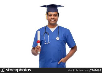 healthcare, profession and medicine concept - happy smiling indian doctor or male nurse in blue uniform with stethoscope over white background. happy indian doctor or male nurse with stethoscope