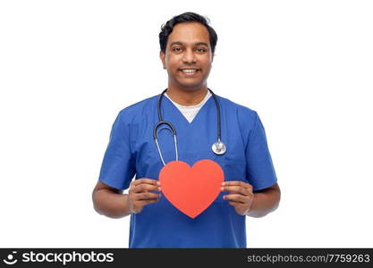 healthcare, profession and medicine concept - happy smiling indian doctor or male nurse in blue uniform with red heart and stethoscope over white background. indian male doctor with red heart and stethoscope