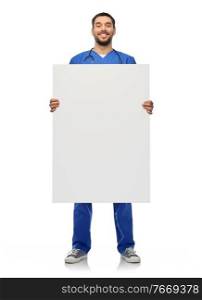 healthcare, profession and medicine concept - happy smiling male doctor or nurse in blue uniform with big board over white background. smiling male doctor or nurse with big white board