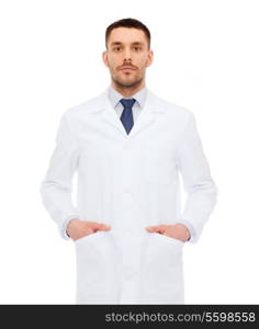 healthcare, profession and medicine concept - male doctor in white coat over white background