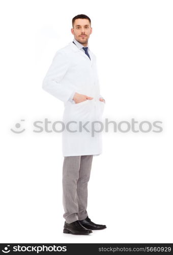 healthcare, profession and medicine concept - male doctor in white coat over white background