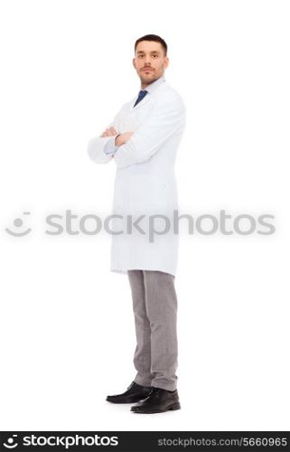 healthcare, profession and medicine concept - male doctor in white coat over white background