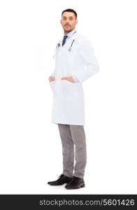 healthcare, profession and medicine concept - male doctor with stethoscope in white coat over white background
